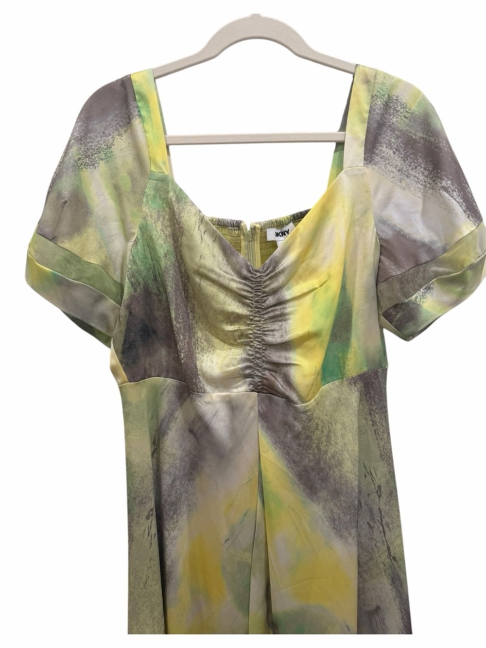 DKNY Printed Satin Midi Dress Watercolor Yellow Green Size Large NEW - Picture 11 of 12